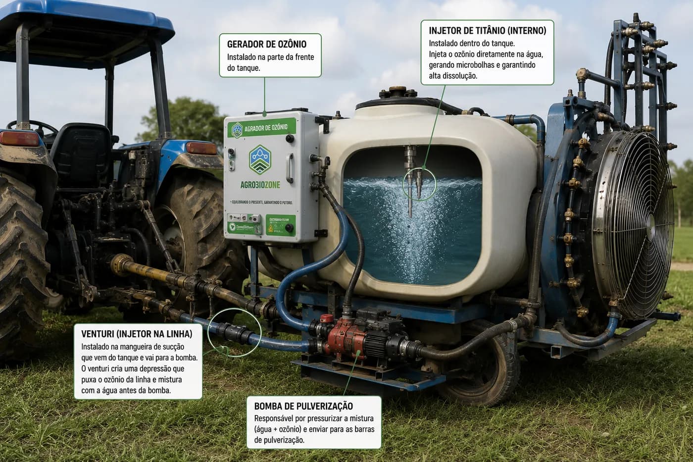 Pulverizador com gerador de ozônio instalado: gerador na frente do tanque, injetor de titânio dentro da água gerando microbolhas, venturi na mangueira de sucção e bomba de pulverização